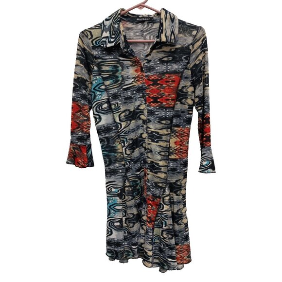 Mechant Womens Wearable Art Tunic Top Large Abstract Mesh Button Up 3/4 Sleeve - Picture 1 of 10
